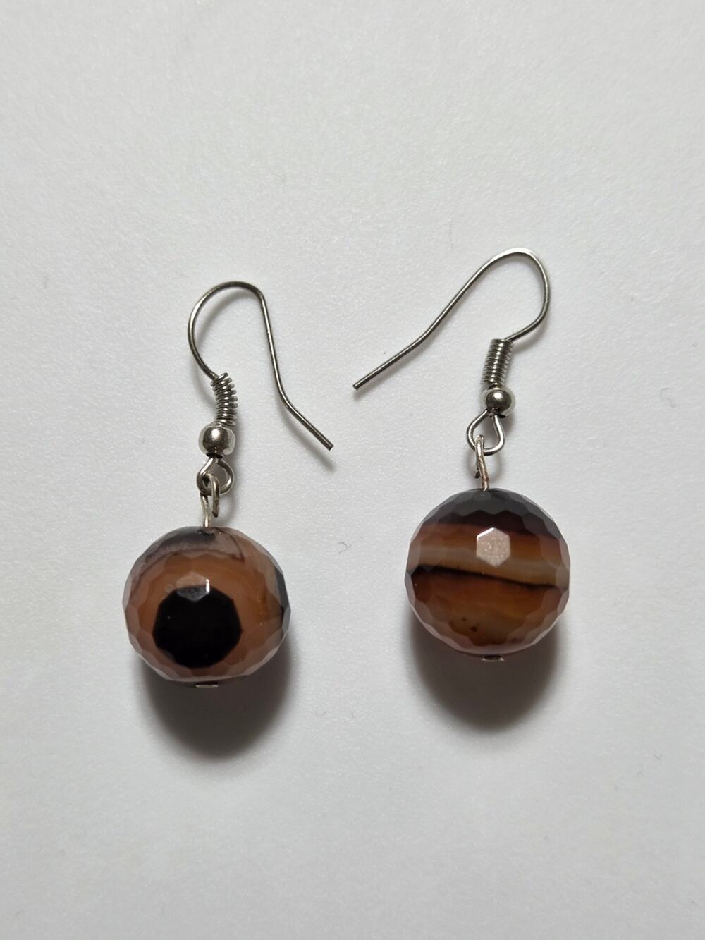 Brown Faceted Agate Style Bead Dangle Earrings Silver Tone Boho